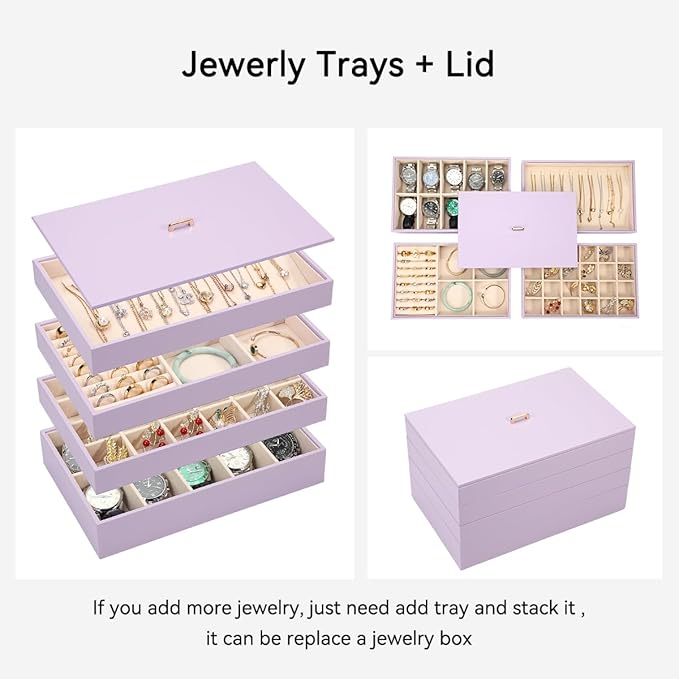 Voova Stackable Jewelry Organizer Tray with Lid, PU Leather Jewelry Storage Holder for Drawer Inserts, Jewellery Display Box 