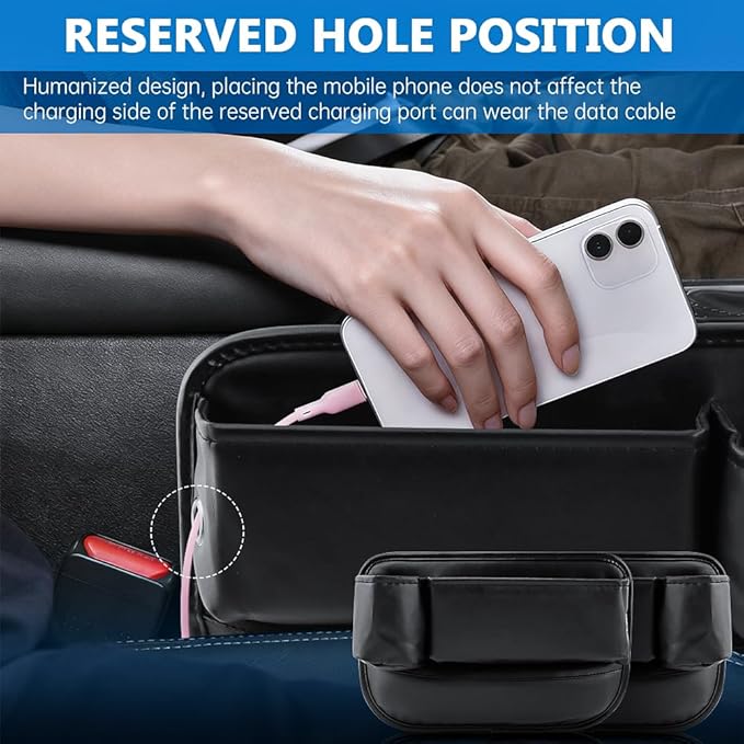 2Packs Car Seat Filler Organizer, Seat Gap Storage Box with Water Cup Holder & 4 Car-Seat Headrest Hooks, Universal fit for Most Car, for Phone, Keys, Wallet, Sunglasses and Bottles, Prevent Dropping
