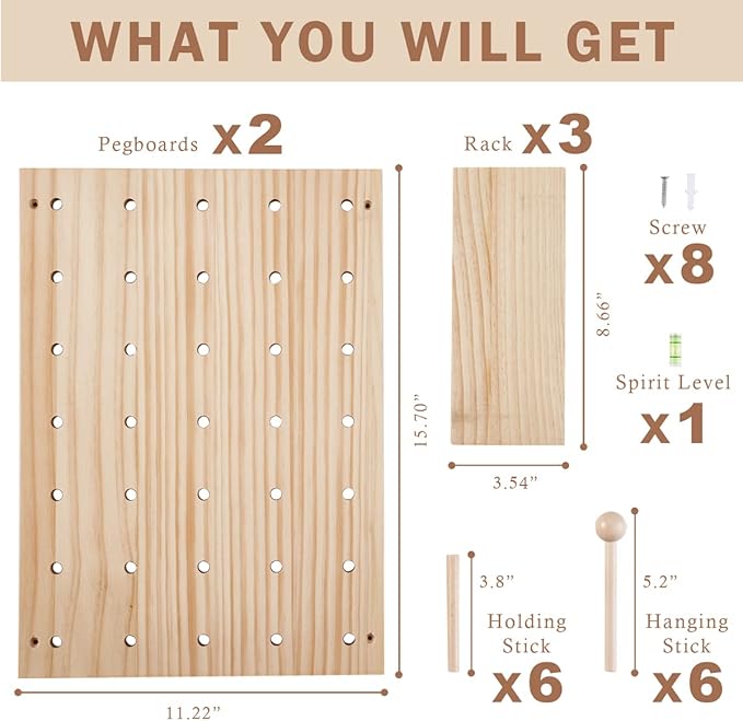 Wood Pegboard Combination Wall Organizer Kit, Wooden Display Pegboard Panel Kits for Bedroom, Study, Office, Bathroom, 2 Piec