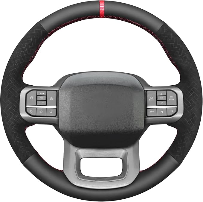 MEWANT Steering Wheel Cover for Ford F150 Lightning F350 2024 Expedition Made of Black Real Leather Embossed Athsuede