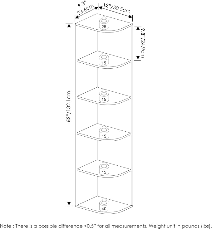 Furinno PASIR Book Shelf, 5-Tier Corner Bookshelf with Open Shelf, Standing Bookcase, 9.3 x 12 x 51.7, for Organization and S