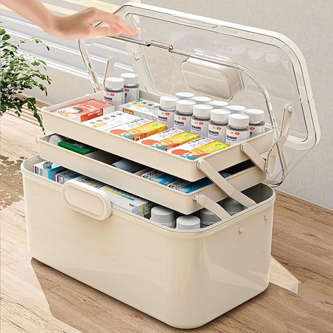 3-Tier 12 x 9 x 7 Medicine Organizer, Medicine Cabinet Organizer with Portable Pill Case, Multipurpose Plastic Box for Storag