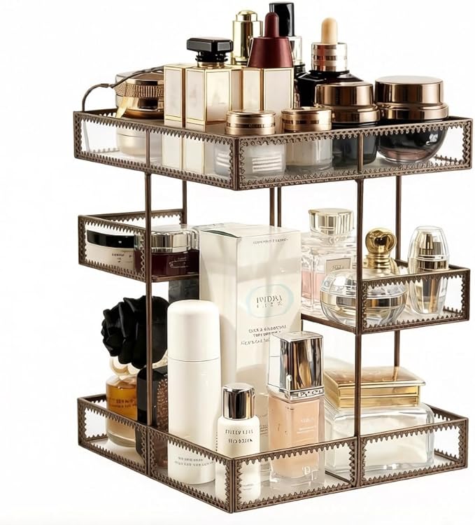 Hersoo 360 Rotating Glass Makeup Organizer, Spinning Vanity Cosmetic Storage with Multi-Layer Compartments, Luxury Countertop