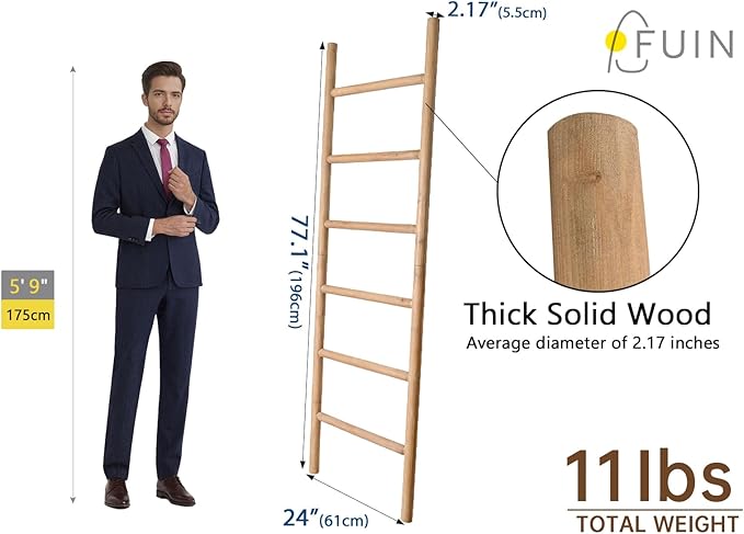 FUIN 6.4ft Extra Wide Wood Blanket Ladder Living Room Decorative Wall Leaning Farmhouse Quilt Display Holder Rustic Wooden To