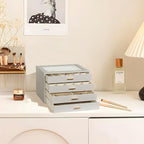 Jewelry Box with Glass Lid, 4-Layer Jewelry Organizer for Women Girls, PU Leather Display Case with 20-Grid Earring Tray & Mo