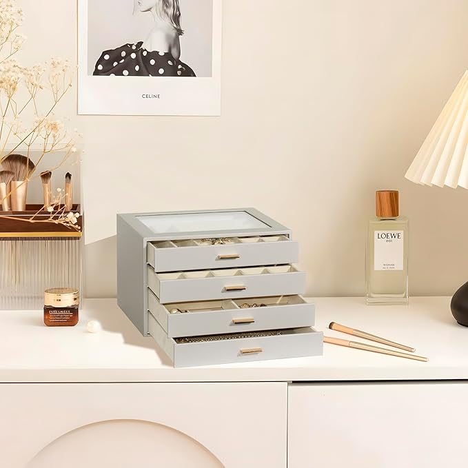 Jewelry Box with Glass Lid, 4-Layer Jewelry Organizer for Women Girls, PU Leather Display Case with 20-Grid Earring Tray & Mo