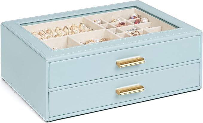 AKOZLIN Jewelry Box with Clear Lid Functional Leather Jewelry Storage Organizer Case 2 Drawers for Women Girls Necklace Ring 