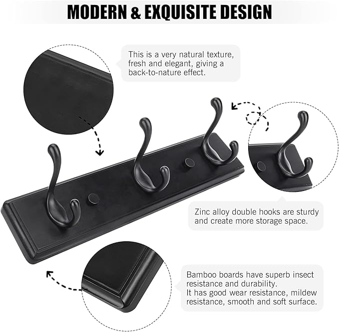 Badiano Wooden Coat Rack, Wall-Mounted Organizer for Closet, Entryway, Hallway, Foyer, Bedroom, Heavy Duty Double Hooks for H