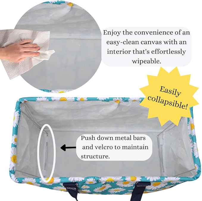 NGIL Extra Large Utility Tote Reusable Grocery Organizing Bag Oversized Collapsible for Storage, Picnic,Car, Beach (Daisy Print-navy)