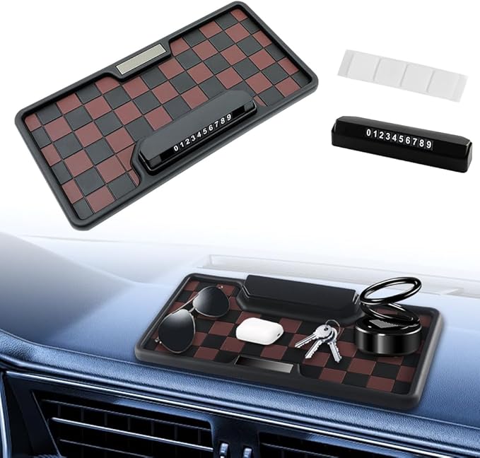 Car Anti Slip Mat Dashboard Tray Decorations Sticky Pad Multi Functional Thicken Washable Checkerboard Design with Universal 