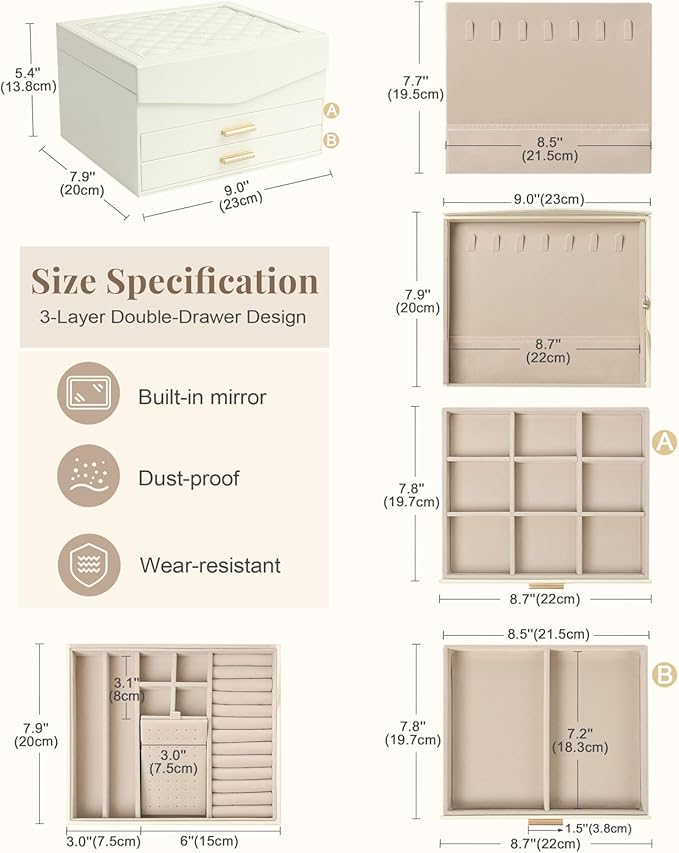 Amearea Jewelry Box Organizer for Women Girls with Mirror, 3-Layer Large Jewelry Storage Case, Synthetic Leather Jewelry Hold