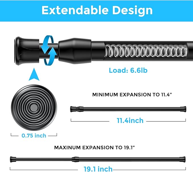 2PCS Small Tension Curtain Rod 11 to 19 Inch,Black Short Curtain Rods No Drilling,Loaded Expandable Spring Curtain Rods for K
