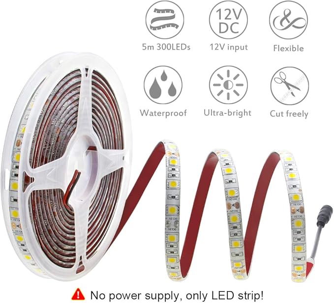 ALITOVE 16.4ft Warm White 3500K 5050 SMD LED Flexible Strip Ribbon Light 5M 300 LEDs Waterproof IP65 DC 12V for Home Garden Commercial Area and Festival Lighting