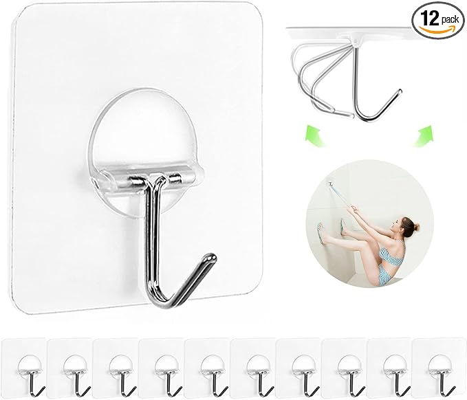 JINSHUNFA Adhesive Wall Hooks 13LB Heavy Duty No Drill Transparent Waterproof Hooks for Bathroom Kitchen Towel Coat 12 Pack
