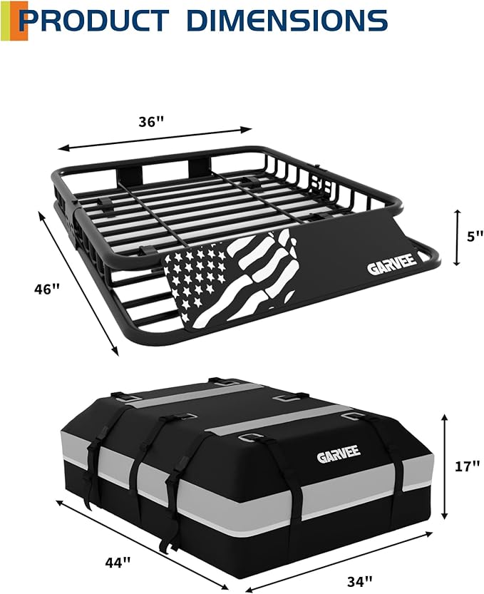 GarveeLife 46" x 36" Universal Roof Rack Basket, 200 Lbs Capacity Rooftop Cargo Carrier Basket with 15 Cubic Feet (44" x 34" x 17") Waterproof Luggage Bag, for Suvs, Trucks, Vehicles