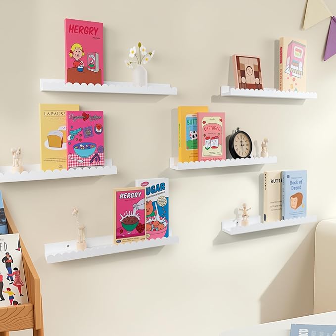 NEXHOME RPO Pine Wood Floating Shelves for Wall, 6-Pack 24 Inch Kids Nursery Book Shelves, Multi-Scene Wall Decor Solid Stora