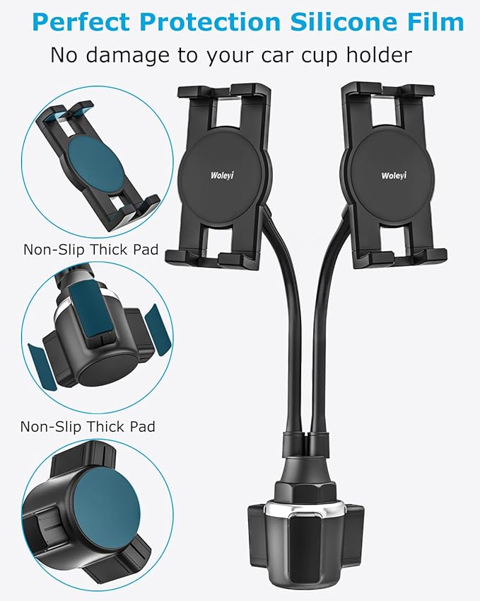 woleyi Cup Holder Tablet Mount for Car, [Double Device Clamp] Dual iPad Phone Car Mount with 10" Gooseneck Adjustable Arm for iPad Pro Air Mini, Galaxy Tabs, Z Fold, Fire HD, iPhone, 4.7-13" Devices