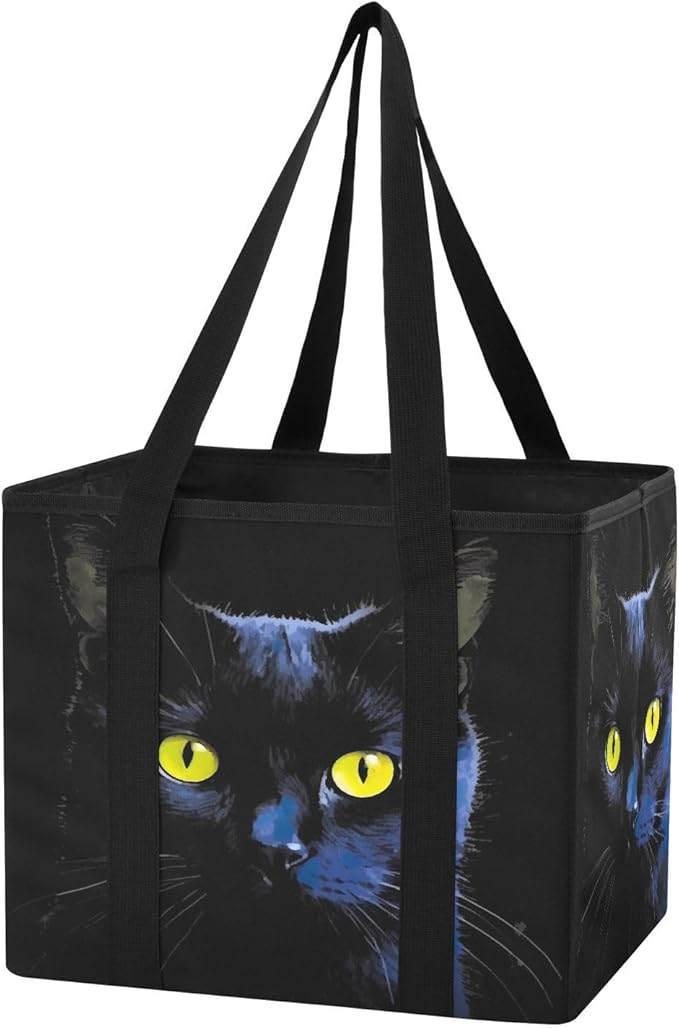 Black Cat Reusable Grocery Bags Large Shopping Tote Bag with Reinforced Bottom Board, Water Resistant Foldable Storage Bags f