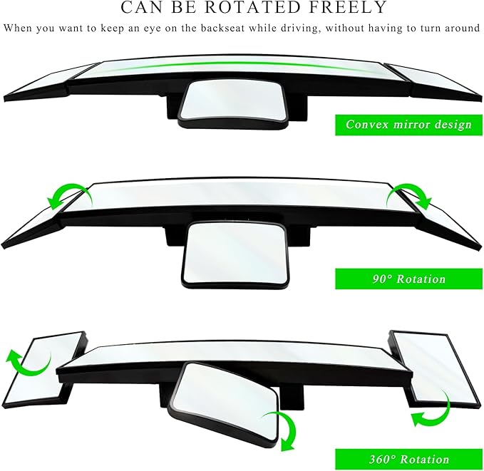 15" Rear View Mirror with Baby Mirror, Panoramic Anti-Glare Wide Angle Convex Rearview Mirror, Vehicle Interior Clip-on Rear View Baby Mirror Extender Reduce Blind Spot