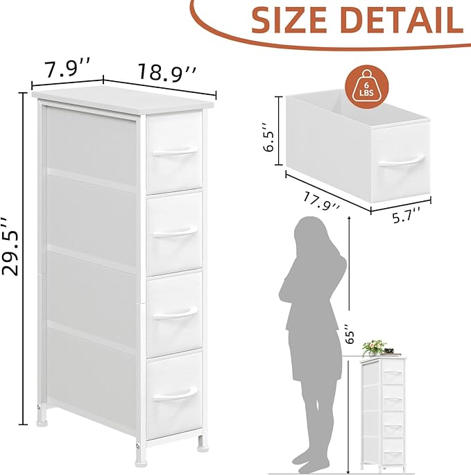 Somdot Narrow Dresser with 4 Drawers, Slim Storage Organizer Chest of Drawers with Removable Fabric Drawers for Small Spaces 