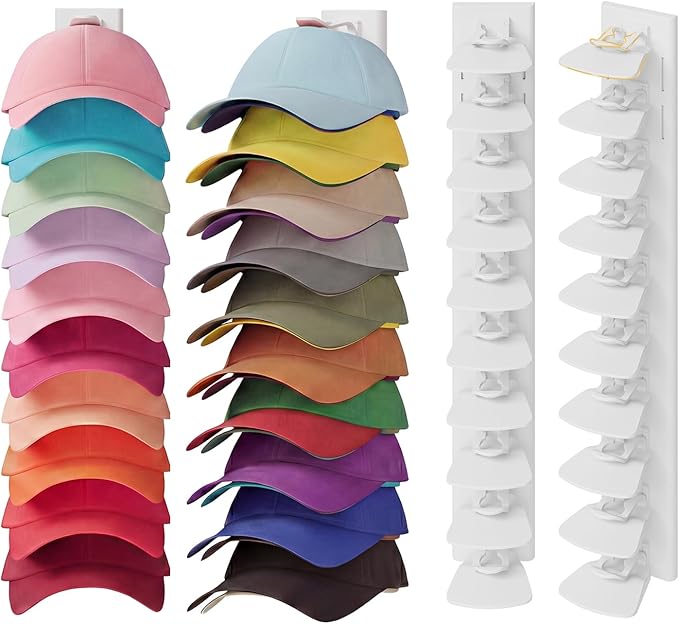 YOUDENOVA 2 Pack Hat Organizer for Baseball Caps, Adhesive or Screw-Mounted Hat Rack Holds 40 Hats, Hat Storage Display for W