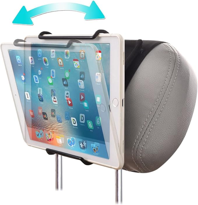 Universal Car Headrest Mount Holder with Angle-Adjustable Clamp - for Use with iPads, Galaxy Tablets and More