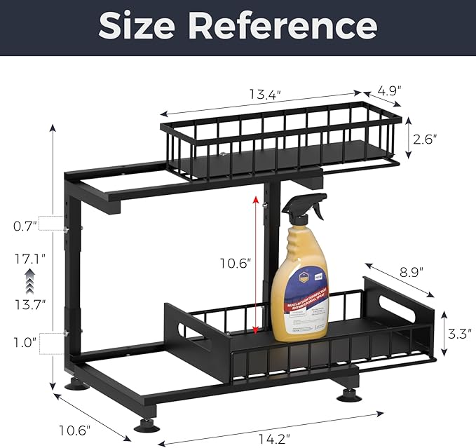 Under Sink Organizer, 2-Tier Premium Metal Pull-Out Racks with Adjustable Height, Heavy Duty Sliding Bin for Bathroom and Kit