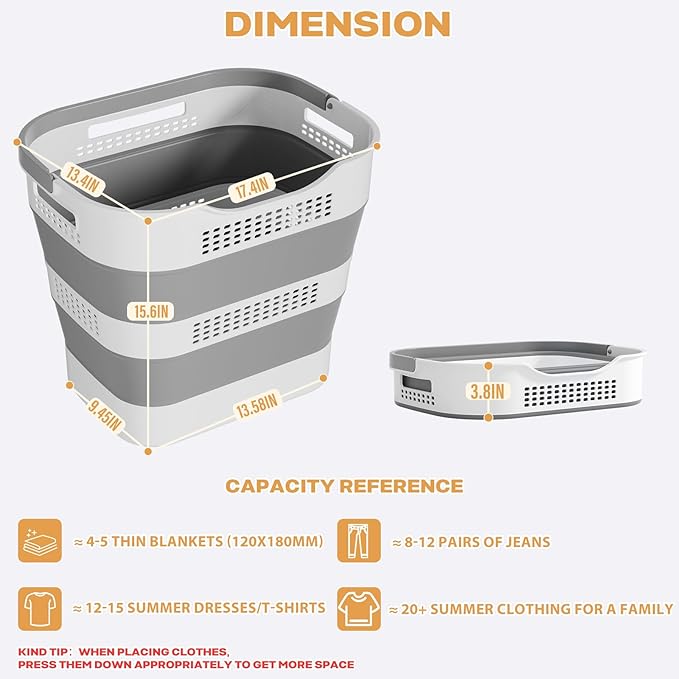 OOAMBB 43L+43L Collapsible Laundry Baskets plastic, Pop Up Laundry hamper/Storage Container, Foldable Laundry Basket with Han