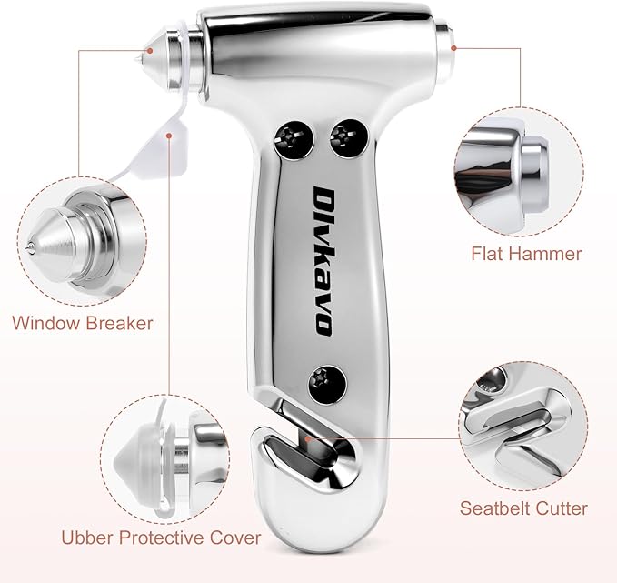 Window Breaker, Automotive Safety Hammer, 3 in 1 Emergency Escape Tool with Glass Breaker and Seat Belt Cutter, Silver