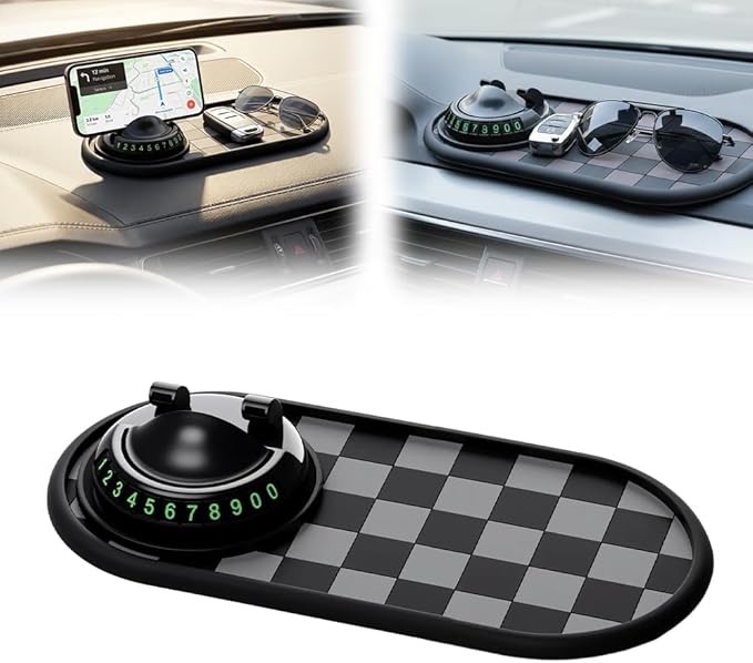 Multifunctional Car Anti-Slip Mat with 360° Rotating Phone Holder & Temporary Parking Number, Anti Slip Mat for Car Dashboard
