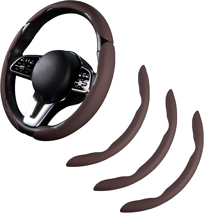 Car Steering Wheel Cover Leather Snap On 3Pcs Set Non-Slip Protector Wrap Steering Wheel Accessories 14.5-15 inch Universal B