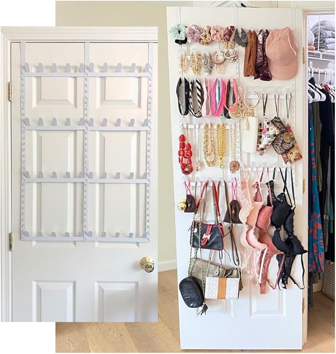 Evelots Rack for Purses, Belts, Jewelry, Ties, Hats - New Over the Door Organizer - Adjustable 8 Tier - 40 Hooks for Multi Us