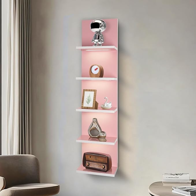 5 Tier Pink Wall Shelf Unit, Pink Shelves, Wall Shelves for Bathroom,Bedroom, Vanity Shelves, Wall Mount Vertical Lack Shelf 