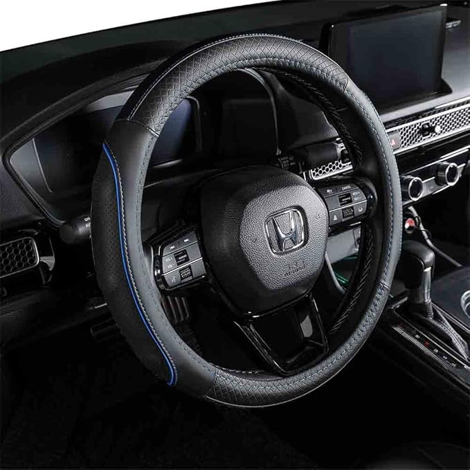EKR Universal 15 inch Leather Steering Wheel Cover - Genuine Leather, Breathable, Anti Slip & Odor Free (Black with Blue Lines, M(14" 1/2-15" 1/4))