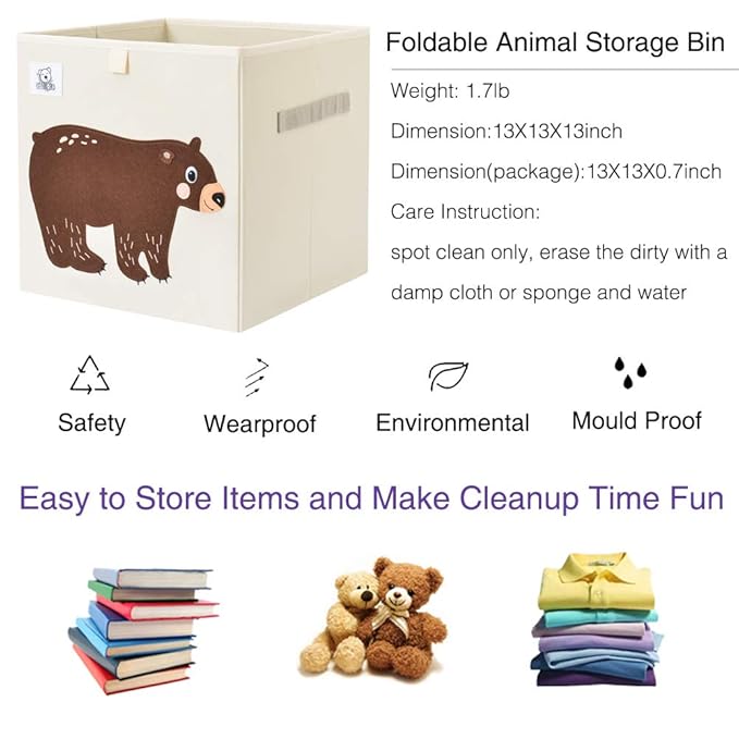 CLCROBD Foldable Animal Cube Storage Bins Fabric Toy Box/Chest/Organizer for Toddler/Kids Nursery, Playroom, 13 inch (Bear)