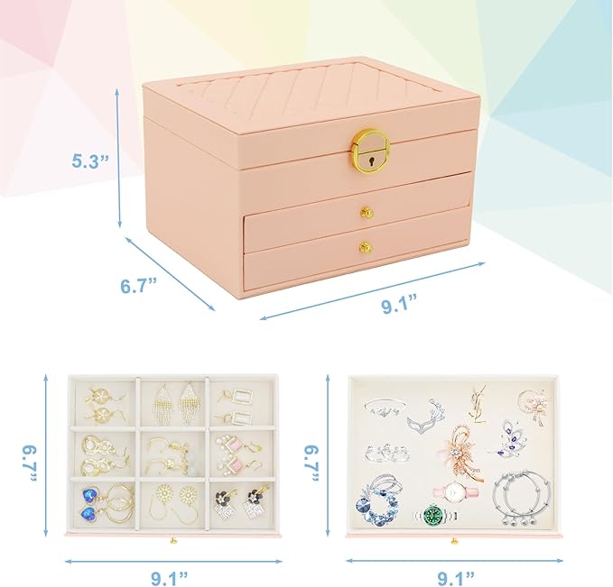 KOOAAICCHI Jewelry Box for Women, 3-Layer Jewelry Organizer, Jewelry Storage Case PU Leather for Earrings, Bracelets, Ring, N