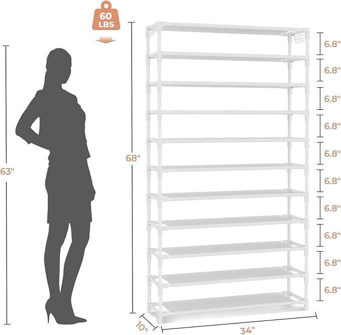 VILICK 11 Tiers Tall Wide Shoe Rack 55 Pairs Large Capacity Sturdy Durable Shoe Rack for Closet Metal Shoe Organizer Shelf wi