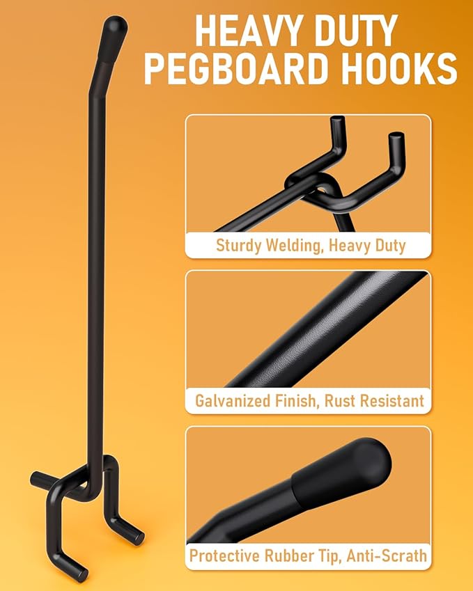 INCLY 60 Pack 2/4/6 Inch Black Pegboard Hooks, 1/4" Heavy Duty Peg Board Shelving Hooks Accessories, Peg Board Tool Hangers F