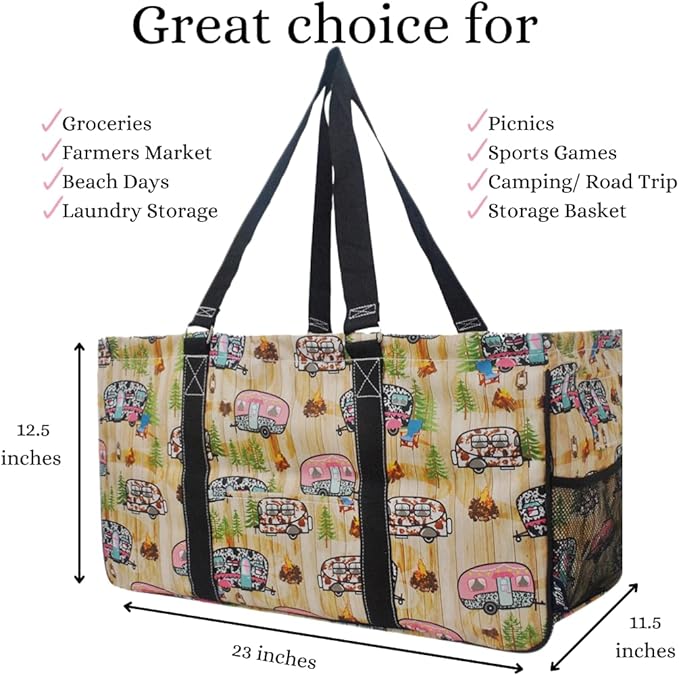 NGIL Extra Large Utility Tote Reusable Grocery Bag Oversized Collapsible for Groceries, Storage, Picnic, Beach (Cute Camper-Black)