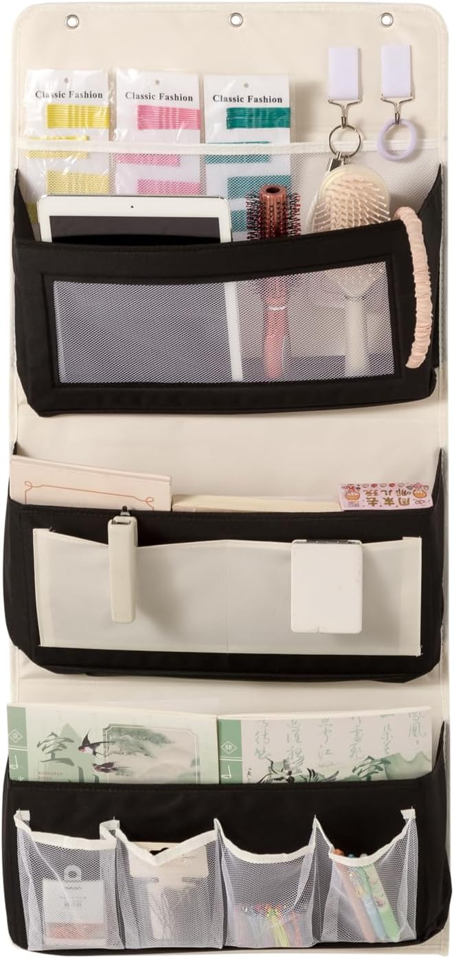 Over Door Storage Organizer, Multi-Pocket Hanging Organizer with Mesh Pockets, Wall Mount Storage Bags, Black and White (gray