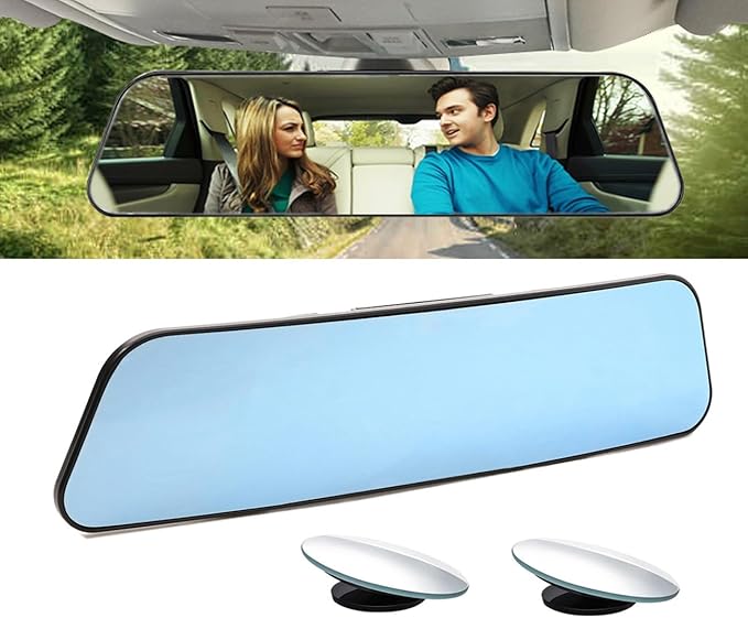 Kitbest Rear View Mirror, Universal Clip On Wide Angle Anti Glare Blue Tint Car Mirror (Bonus 2 PCS Blind Spot Mirrors)