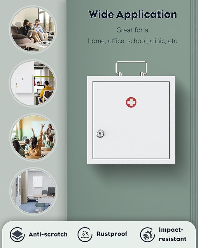 Uniclife Wall Mount Medicine Cabinet with Key Lock & Handle Locking First Aid Cabinet Lockable Medical Cabinet Medium Medicin