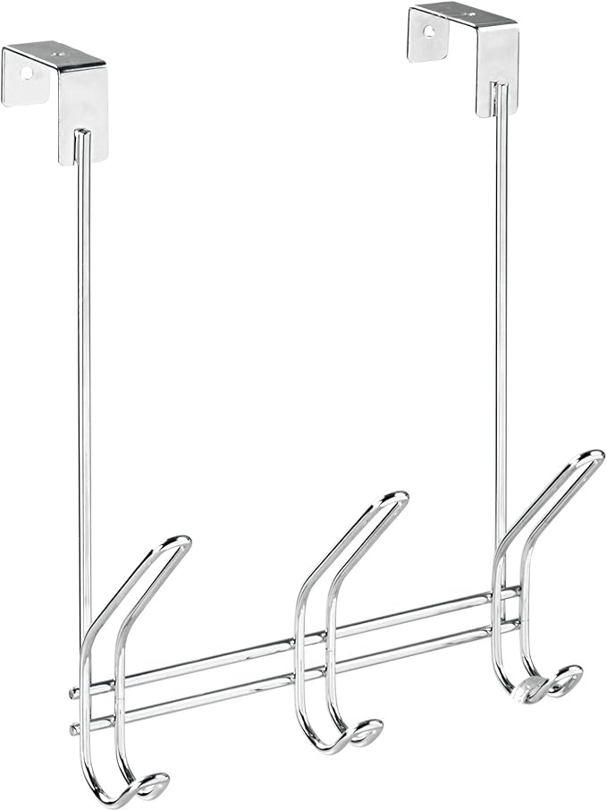 iDesign Classico Metal Over the Door Organizer, 3-Hook Rack for Coats, Hats, Robes, Towels, Jackets, Purses, Bedroom, Closet,