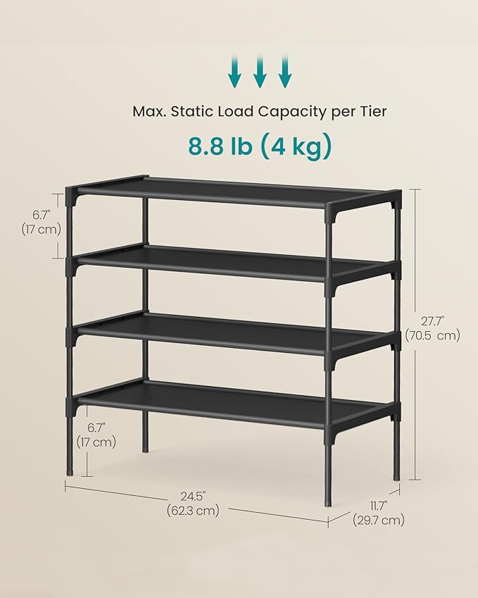 SONGMICS Shoe Rack, 4-Tier Shoe Storage Organizer, Space-Saving, 11.7 x 24.5 x 27.7 Inches, Entryway, Metal Frame, Non-Woven 