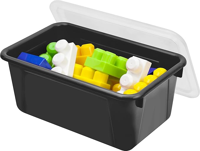 Storex Small Cubby Bins – Plastic Storage Containers for Classroom with Non-Snap Lid, 12.2 x 7.8 x 5.1 inches, Black, 5-Pack 