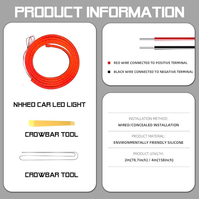 Car LED Strip Light For Trunk, 79Inch IP67 Silicone Waterproof Neon Light Strip Embedded, Flexible Cutting Universal Auto Interior Lights(Red)