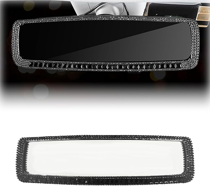 ZIMISI Bling Car Rear View Mirror, 10.51 Inch HD Glass Wide Angle Rearview Mirrors, Clip-on Crystal Diamond Panoramic Rear View Mirror Accessories, Bling Car Decorations for Women (Black)