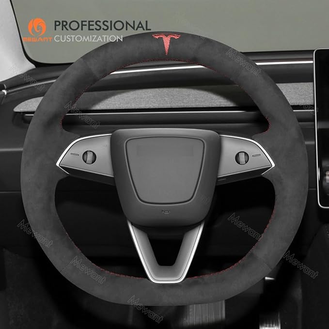 MEWANT Hand Stitched Matte Carbon Fiber&PU Leather Steering Wheel Cover Wrap for Tesla Model 3 Highland 2023 2024 2025 Steering Wheel Accessories