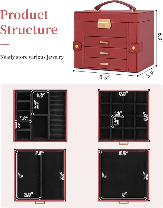 TORIBIO Jewelry Box for Women, Leather Jewelry Organizer with Mirror & Lock, 4-Tier Jewelry Storage Organizer with 3 Drawers 