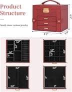 TORIBIO Jewelry Box for Women, Leather Jewelry Organizer with Mirror & Lock, 4-Tier Jewelry Storage Organizer with 3 Drawers 